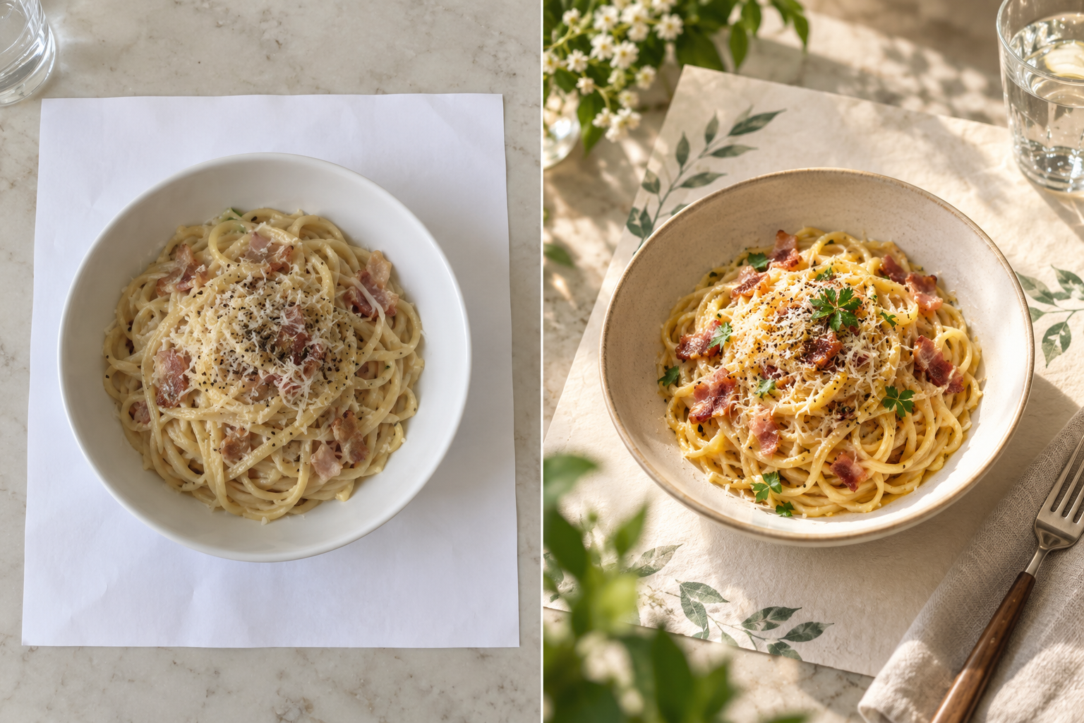 同じパスタ料理を、伝わりにくい写真と食欲をそそる写真で比較した例